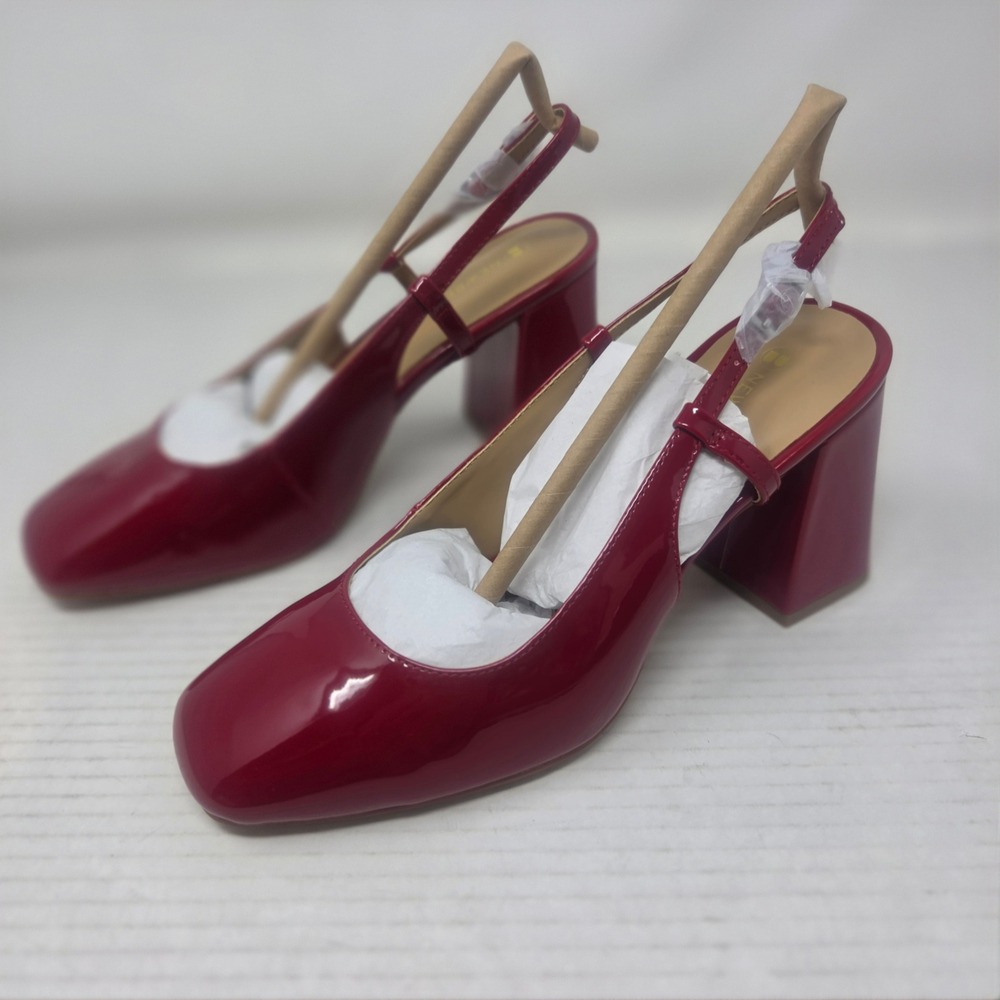 Newbella Slingback Pumps Women 7.5 Red Patent Square Toe Block Heel Retro NWOT